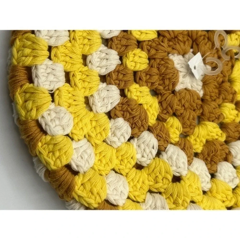 Free People Womens Crochet Beret Hat Yellow Brown Granny Square Cotton Boho 70's